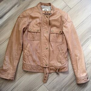 MANGO Genuine Leather Jacket. Lt Brown/tan. Soft. Button and buckle detail Small